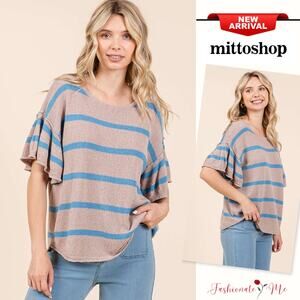 Mittoshop Striped Pattern Flounce Short Sleeves Knit Pullover Sweater | Mocha